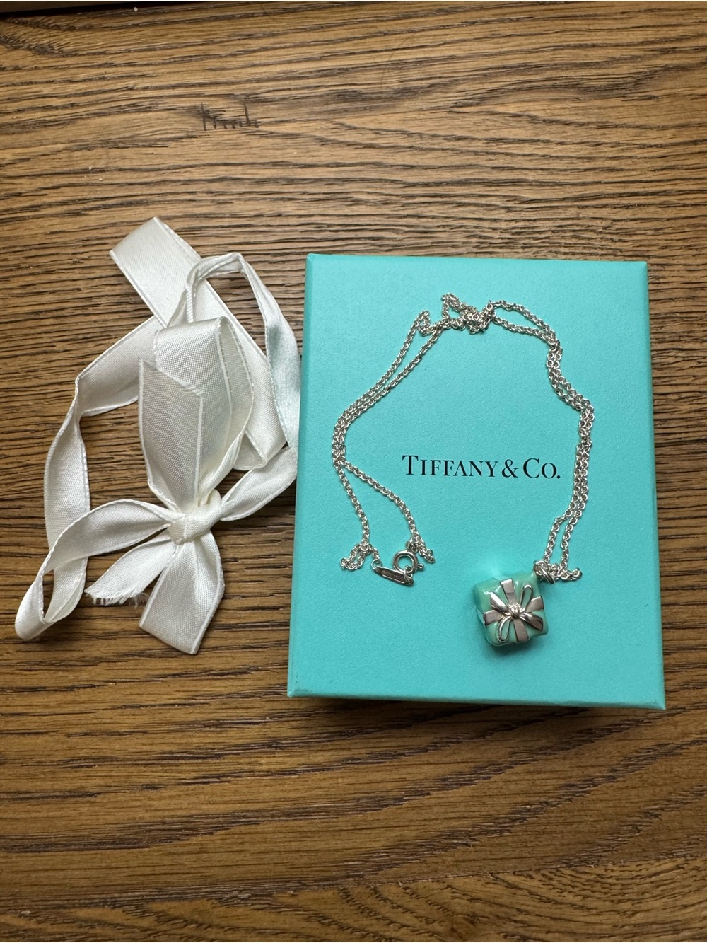 Tiffany & Co. Enamel Blue Box Charm Necklace Sterling Silver Chain